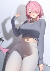1girl alternate_costume blush bottle breasts cola commentary cowboy_shot crop_top fanning_self grey_shirt grey_shrug hair_over_one_eye highres indoors large_breasts leggings looking_at_viewer meda midriff navel open_mouth pink_hair purple_eyes shadow shirt short_hair shrug_(clothing) solo taoqi_(wuthering_waves) towel water_bottle white_leggings wuthering_waves
