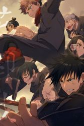 1girl 5boys black_eyes black_hair black_jacket black_pants brown_hair clenched_teeth closed_mouth echo_(circa) facial_mark facial_tattoo fighting_stance full_body fushiguro_megumi gakuran glasses hands_up high_ponytail holding holding_polearm holding_weapon hood hood_down hoodie inumaki_toge itadori_yuuji jacket jujutsu_kaisen kamo_noritoshi long_sleeves looking_away multiple_boys pants polearm ponytail red_footwear red_hoodie school_uniform shoes short_hair silver_hair spiked_hair sweatdrop tattoo teeth topless_male toudou_aoi_(jujutsu_kaisen) undercut upper_body weapon zen&#039;in_maki