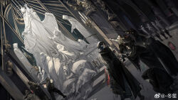 1boy absurdres aiming angel_wings arknights arrow_(projectile) balance_scale bald bare_arms black_cloak black_coat black_gloves black_hair black_pants black_scarf bow_(weapon) breasts cable candle candlestand chinese_commentary church cloak coat commentary dongsheng drawing_bow dutch_angle earrings faceless faceless_female faceless_male feather_earrings feathers fingerless_gloves from_behind gloves hair_bun highres holding holding_bow_(weapon) holding_cable holding_instrument holding_scale holding_weapon hood hood_up hooded_cloak http_status_code indoors instrument jewelry kneeling lantern light_particles long_sleeves lumen_(arknights) lyre male_focus multiple_earrings outstretched_arm own_hands_together pants people pillar pointy_ears praying reaching scarf shirt short_hair single_hair_bun sleeveless sleeveless_coat solo_focus statue tile_floor tiles toga topless_female torn_clothes torn_sleeves watermark weapon weibo_watermark weighing_scale white_shirt white_wings wide_sleeves wings