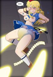1girl blonde_hair breasts character_request diaper english_text fairy_tail highres kneehighs large_breasts long_hair lucy_heartfilia midriff navel nipples pee pieceofsoap shoes socks speech_bubble tears torn_clothes wet_diaper