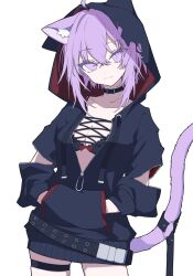 1girl ahoge animal_ears bra breasts cat_ears cat_tail choker cleavage collarbone hands_in_pockets head_tilt highres hololive hood hood_up hoodie long_sleeves looking_at_viewer medium_breasts minkof_nn nekomata_okayu puffy_sleeves purple_eyes purple_hair short_hair simple_background solo tail underwear virtual_youtuber white_background