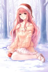 1girl apple artist_request bare_shoulders bra_strap brown_eyes brown_sandals collarbone cross cross_necklace day expressionless eyelashes flower flower_necklace food forest frilled_sleeves frills fruit full_body fur-trimmed_headwear fur-trimmed_sandals fur_trim game_cg hair_between_eyes hat highres holding holding_food holding_fruit jewelry kneeling light_blush long_hair long_sleeves looking_at_viewer microskirt miracle_nikki nature necklace nikki_(nikki) nikki_(series) off-shoulder_sweater off_shoulder official_art outdoors pantyhose parted_lips pink_flower pink_hair pink_rose pom_pom_(clothes) puffy_long_sleeves puffy_sleeves red_hat rose sandals santa_hat see-through_pantyhose sidelocks skirt sleeves_past_wrists snow solo spaghetti_strap sweater third-party_source very_long_hair wavy_hair white_pantyhose white_skirt winter winter_miracle_(miracle_nikki) yellow_sweater