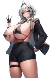 Rule 34 | 1girl, absurdres, between breasts, bikini, black bikini, black gloves, black jacket, black necktie, black skirt, breasts, commentary request, detached collar, gloves, grey hair, hair between eyes, hand on own hip, highres, huge breasts, jacket, looking at viewer, medium hair, necktie, necktie between breasts, open clothes, open jacket, original, red eyes, simple background, skirt, solo, standing, strap gap, swimsuit, thigh strap, thighs, white background, yamanokami eaka