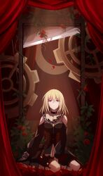 1girl absurdres arm_between_legs bang_dream! bang_dream!_it&#039;s_mygo!!!!! belt black_dress black_shorts blonde_hair brown_belt brown_corset chinese_commentary clothing_cutout commentary commentary_request commission corset crescent_moon cross-laced_clothes cross-laced_corset crossed_bangs curtains doloris_(bang_dream!) dress english_commentary falling_petals flower foliage gears guillotine highres holding holding_mask kneeling long_sleeves looking_up mask masquerade_mask meeeeei misumi_uika mixed-language_commentary moon neck_ruff no_mask parted_lips petals plant puffy_long_sleeves puffy_sleeves purple_eyes purple_hair red_flower red_rose rose second-party_source shorts shoulder_cutout solo spotlight vines wide_shot yellow_brooch