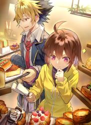 1boy 1girl ahoge black_hair blonde_hair blush brown_hair cake cake_slice cookie cream dessert colored_bangs food fruit highres holding holding_tray hood hoodie hot_dog huge_ahoge kido_hyde lettuce linne_(under_night_in-birth) multicolored_hair necktie parfait pastry plate purple_eyes qitoli red_eyes sandwich school_uniform short_hair strawberry sweets tart_(food) tray two-tone_hair under_night_in-birth whipped_cream yellow_hoodie