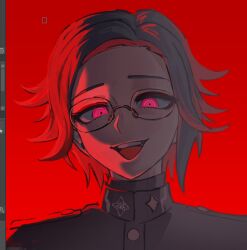 Rule 34 | 1boy, aotsuki eito, art program in frame, evil smile, eyeliner, gakuran, gibberish commentary, glasses, grey hair, last defense academy school uniform, looking at viewer, makeup, male focus, official alternate eye color, portrait, ransuteeki, red background, red eyeliner, red eyes, school uniform, short hair, sidelighting, smile, solo, spoilers, the hundred line -last defense academy-