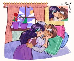 1boy 1girl alternate_costume alternate_hair_color arm_up artist_name bed black_eyes blanket bow bracelet cold_pack curtains dark-skinned_male dark_skin ear_piercing flower flower_pot hair_bow hair_flower hair_ornament heart hero_(faraway)_(omori) hero_(omori) indoors jewelry kiss mari_(faraway)_(omori) mari_(omori) omori on_bed pajamas parted_lips piercing pillow plant potted_plant purple_bow purple_hair short_sleeves sun ullilya1 under_covers window