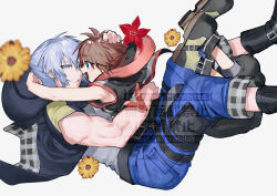 2boys aqua_eyes arm_around_waist arms_around_neck black_boots black_jacket blue_eyes blue_shorts boots brown_hair couple cropped_jacket flower grey_hair grey_vest hair_between_eyes hood hood_down hug jacket kingdom_hearts kingdom_hearts_iii male_focus multiple_boys muscular muscular_male open_mouth pants pants_rolled_up parted_lips red_flower red_trim riku_(kingdom_hearts) seboniruca short_hair shorts smile sora_(kingdom_hearts) spiked_hair teeth vest white_background yaoi yellow_flower
