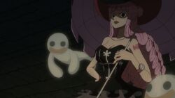 alternate_costume alternate_hairstyle animated animated_gif anime_screenshot bare_shoulders black_dress black_eyes blunt_bangs bouncing_breasts breasts cleavage collarbone dress frilled_dress frills ghost hat holding holding_umbrella horo_horo_no_mi lipstick long_hair makeup official_alternate_costume official_alternate_hairstyle one_piece perona pink_hair shoulder_tattoo sidelocks sleeveless sleeveless_dress tattoo umbrella