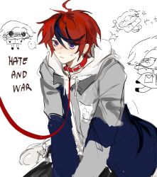 2boys ahoge aotsuki_eito blue_eyes blue_hair chibi collar drawstring english_text hood hooded_sweater hoodie leash male_focus messy_hair multicolored_eyes multicolored_hair multiple_boys red_eyes red_hair simple_background solo_focus sumino_takumi sweater the_hundred_line_-last_defense_academy- white_background