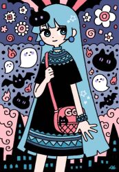 1girl bag bat_(animal) black_dress blue_eyes blue_hair bracelet bright_pupils dress earrings fire flower garouma ghost jewelry long_hair looking_at_viewer original pink_bag print_dress shoulder_bag smile solo spiral star_(symbol) very_long_hair white_flower white_pupils