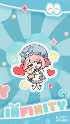 1girl ^_^ animal animal_hug apron artist_request ascot blue_background blue_bow blue_gloves blue_hat blue_outline blue_ribbon blue_shirt blue_shorts blush_stickers bow bow_legwear brooch bye-bye_dust_(infinity_nikki) chibi closed_eyes collared_shirt copyright_name dog dotted_line floof_(infinity_nikki) flower frilled_gloves frilled_headwear frilled_sleeves frills gloves halftone happy hat hat_bow heart highres holding holding_animal holding_dog infinity_nikki jewelry kneehighs looking_at_viewer medium_hair mob_cap nikki_(series) no_shoes notice_lines official_art official_wallpaper open_mouth outline paw_print pink_bow pink_hair pocket pom_pom_hat_ornament puffy_short_sleeves puffy_sleeves ribbon second-party_source shiba_inu shirt short_sleeves shorts sleeve_bow smile socks solo sparkle standing white_apron white_ascot white_bow white_socks yellow_flower