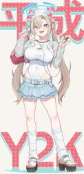 1girl absurdres asuna_(blue_archive) belt blue_archive blue_eyes blue_nails blue_ribbon blush brown_footwear chain cloba collarbone commentary covered_navel cropped_jacket curtained_hair digital_media_player full_body hair_between_eyes hair_ribbon halo hands_up highleg highleg_leotard highres holding ipod_nano ipod_nano_5g jacket leotard light_brown_hair long_hair long_sleeves looking_at_viewer miniskirt nail_polish open_clothes open_jacket pink_ribbon ribbon simple_background skirt solo standing star_(symbol) teeth thighs twintails upper_teeth_only very_long_hair white_background white_belt