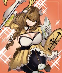 Rule 34 | 1girl, absurdres, black corset, braid, braided ponytail, breasts, brown hair, cleavage, corset, fire emblem, fire emblem engage, gloves, goldmary (fire emblem), hair ribbon, highres, large breasts, long hair, looking at viewer, low ponytail, missandydandy, nintendo, ponytail, ribbon, single shoulder pad, skirt, smile, solo, white gloves, white ribbon, yellow eyes, yellow skirt
