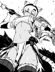 1girl absurdres animal_ear_fluff animal_ears asymmetrical_bangs bandeau belt boots breasts carrying_over_shoulder cat_ears cat_girl cat_tail from_below fur-trimmed_boots fur-trimmed_gloves fur_trim gloves groin hand_on_own_hip headdress highres holding holding_sword holding_weapon kara_(vertigris) loincloth looking_at_viewer looking_down medium_breasts monster_hunter_(series) navel original short_hair sketch smile solo standing sweat sword tail thigh_boots underboob vertigris weapon