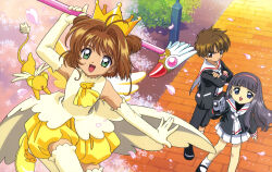 1990s_(style) 1boy 2girls :d absurdres antenna_hair black_hair black_pants black_shirt black_shoes blue_eyes brick_road brown_eyes brown_hair bubble_skirt camcorder camera cardcaptor_sakura cherry_blossoms closed_mouth creature crossed_arms crown daidouji_tomoyo dot_nose elbow_gloves fujita_mariko fuuin_no_tsue gloves gold_crown green_eyes hair_intakes hairband highres holding holding_camera holding_wand kero_(cardcaptor_sakura) kinomoto_sakura kinomoto_sakura_(miraculous_sakura) li_syaoran long_hair looking_at_another looking_at_viewer magical_girl multiple_girls official_art open_mouth outdoors pants petals pink_hairband pink_petals pleated_skirt pointed_crown retro_artstyle sailor_collar scan school_uniform shirt shoes short_hair skirt sleeveless sleeveless_shirt smile socks standing thighhighs tomoeda_elementary_school_uniform tomoeda_middle_school_uniform two_side_up video_camera wand white_gloves white_sailor_collar white_skirt white_socks white_thighhighs yellow_shoes yellow_skirt