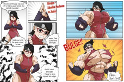 Rule 34 | 1girl, annoyed, black detached sleeves, black hair, black headband, boruto: naruto next generations, co-opvillain, comic, elbow gloves, female focus, fingerless gloves, flexing, forehead protector, glasses, gloves, headband, konohagakure symbol, muscle growth, muscular, muscular female, naruto, naruto (series), pec, pectorals, red-framed eyewear, solo, talking, text focus, torn clothes, uchiha sarada