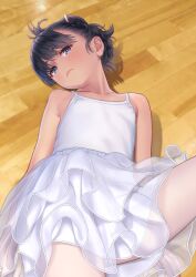 1girl aoi_kumiko athletic_leotard ballerina ballet black_hair braid commentary_request covered_erect_nipples crown_braid flat_chest grey_eyes highres layered_skirt leotard leotard_peek loli looking_at_viewer on_floor original pantyhose pink_pantyhose skirt sleeveless solo tutu upskirt white_leotard white_skirt wooden_floor
