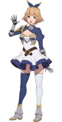 1girl armor armored_dress belt blue_ribbon breasts brown_hair cleavage cropped_jacket curuni_crueciel dress gauntlets greaves green_eyes hair_ribbon hayasato_satsuki katainaka_no_ossan_kensei_ni_naru large_breasts long_sleeves looking_at_viewer medium_breasts official_art open_hands open_mouth palms pauldrons ribbon short_hair shoulder_armor simple_background single_pauldron skirt smile solo spread_fingers standing tachi-e tareme thighhighs thighs transparent_background two-tone_thighhighs waving zettai_ryouiki