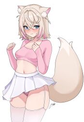 1girl @_@ absurdres animal_ear_fluff animal_ears blonde_hair blue_eyes blush breasts dog_ears dog_girl dog_tail garter_straps hair_between_eyes highres hololive hololive_english looking_to_the_side medium_hair midriff miniskirt mococo_abyssgard multicolored_hair panties pink_panties pink_shirt pynkmouth shirt skirt small_breasts solo stomach tail thighhighs thighs two-tone_hair underwear wavy_mouth white_background white_shirt