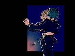 Rule 34 | 2girls, black border, blue background, blue jacket, blue nails, blue pants, border, braid, braided bangs, brown hair, commentary request, dancing, earrings, grey eyes, hanasato minori, hand on another&#039;s hip, highres, holding hands, jacket, jewelry, kani (kaniya), kiritani haruka, lead to shine more (project sekai), long hair, long sleeves, multiple girls, nail polish, outside border, pants, project sekai, short hair, yuri