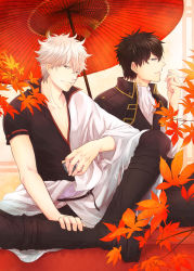 2boys arima_(iro_rabbit) ascot black_eyes black_hair boots cigarette gintama highres hijikata_toushirou japanese_clothes leaf male_focus maple_leaf military military_uniform multiple_boys oil-paper_umbrella parasol red_eyes sakata_gintoki umbrella white_hair