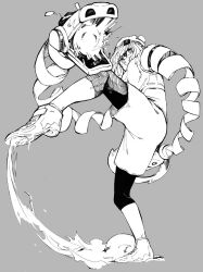 1girl arms_(game) beanie dragon_(arms) eye_mask hat kakiyakee_(k_key_5) leg_up leggings_under_shorts min_min_(arms) monochrome ramram_(arms) ringed_eyes short_hair shorts solo stretched_limb