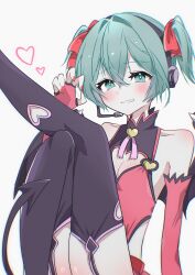1girl absurdres bare_shoulders black_thighhighs blue_eyes blue_hair blush clothing_cutout demon_tail detached_sleeves hatsune_miku hatsune_miku_(heart_hunter) headphones heart heart_cutout highres looking_at_viewer project_diva_(series) red_sleeves ria_art ribbon tail thighhighs thighs twintails vocaloid
