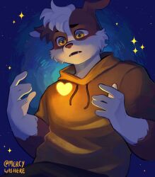 1boy absurdres animal_ears artist_name commentary dog_boy dog_ears dog_nose english_commentary english_text fangs furry furry_male glowing_heart heart highres jacket looking_at_object male_focus mercywashere open_mouth paw_patrol rubble_(paw_patrol) sparkle twitter_username yellow_jacket