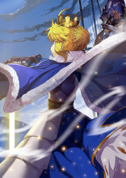 1girl armor armored_dress artoria_pendragon_(fate) blonde_hair blue_cape blue_dress blue_sky braid braided_bun cape club3 day dress fate/stay_night fate_(series) gauntlets green_eyes hair_bun highres outdoors saber_(fate) short_hair_with_long_locks sidelocks sky solo_focus