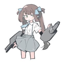 Rule 34 | 1girl, arm warmers, asagumo (kancolle), bb 15hz, blue ribbon, brown hair, collared shirt, cropped legs, green eyes, grey skirt, hair ribbon, highres, kantai collection, long hair, parted lips, ribbon, shirt, short sleeves, simple background, skirt, solo, suspender skirt, suspenders, twintails, white background, white shirt