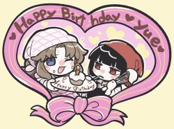 2girls :d apron bandana black_apron black_hair blue_eyes brown_hair chibi happy_birthday heart highres holding holding_plate holding_whisk kojocho05 limbus_company long_hair looking_at_another looking_at_viewer multiple_girls one_eye_closed open_mouth parted_bangs pink_apron pink_ribbon plate project_moon red_bandana red_eyes ribbon rodion_(project_moon) ryoshu_(project_moon) short_hair simple_background smile smoking upper_body whisk white_bandana yellow_background