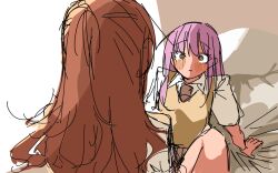 Rule 34 | 2girls, @ @, bang dream!, bang dream! it&#039;s mygo!!!!!, blush, brown hair, chihaya anon, commentary request, gemini mujou, haneoka school uniform, highres, long hair, looking at another, multiple girls, nagasaki soyo, parted lips, school uniform, sweater vest, yellow eyes, yellow sweater vest, yuri
