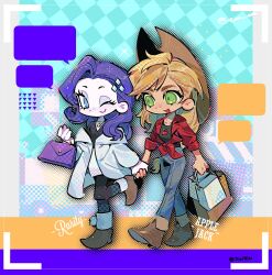 Rule 34 | 2girls, :d, ;), ankle boots, applejack, applejack (equestria girls), aqua background, bag, biantaishi1, black pantyhose, black shirt, blank speech bubble, blonde hair, blue eyes, boots, bright pupils, brown bag, brown boots, character name, checkered background, checkered clothes, colored skin, cowboy hat, curly hair, deformed, denim, diamond hair ornament, fewer digits, freckles, front-tie top, full body, green eyes, grey pants, hair behind ear, halftone, handbag, hashtag-only commentary, hat, highres, holding, holding bag, holding hands, jacket, jacket partially removed, jeans, long hair, looking at another, low-tied long hair, multiple girls, my little pony, my little pony: equestria girls, my little pony: friendship is magic, one eye closed, open clothes, open jacket, open mouth, pants, pantyhose, purple bag, purple hair, rarity (equestria girls), rarity (my little pony), red jacket, shirt, simple background, skirt, smile, sparkle, speech bubble, standing, standing on one leg, very long hair, viewfinder, walking, white bag, white jacket, white pupils, white skin, white skirt, yuri