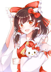 1girl :d animal animal_ears ascot bow brown_eyes brown_hair cat cat_ears commentary_request crossover detached_sleeves fake_animal_ears frilled_bow frilled_hair_tubes frills hair_bow hair_tubes hakurei_reimu hand_on_own_head hello_kitty hello_kitty_(character) highres holding holding_animal holding_cat ikeyan0677 long_hair long_sleeves looking_at_viewer open_mouth red_bow red_vest sanrio simple_background smile touhou upper_body vest white_background white_cat white_sleeves wide_sleeves yellow_ascot