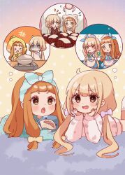&gt;_&lt; +++ 2girls :d animal_hood apron bendy_straw blonde_hair blue_shirt blue_skirt blush bow brown_eyes brown_hair brown_hoodie cherry chestnut_mouth chibi chick_costume closed_eyes closed_mouth collared_shirt commentary_request cookie crane_game dress_shirt drinking_straw employee_uniform flying_sweatdrops food fruit futaba_anzu hair_bow highres holding holding_tray hood hood_down hood_up hoodie hugging_object ice_cream ice_cream_float ichihara_nina idolmaster idolmaster_cinderella_girls idolmaster_cinderella_girls_starlight_stage long_hair long_sleeves low_twintails lying motion_lines multiple_girls notice_lines on_stomach open_mouth puffy_long_sleeves puffy_sleeves rino_cnc shirt short_sleeves shorts skirt sleeves_past_wrists small_sweatdrop smile socks star-shaped_pupils star_(symbol) stuffed_animal stuffed_shark stuffed_toy sweat symbol-shaped_pupils tray turn_pale twintails v-shaped_eyebrows very_long_hair waist_apron white_apron white_bow white_hoodie white_shirt white_shorts white_socks xd