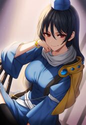 Rule 34 | 1girl, absurdres, black hair, blue dress, bracelet, breasts, commentary request, dress, dutch angle, grey scarf, hat, highres, iizunamaru megumu, jewelry, long hair, looking at viewer, medium breasts, mitama mudimudi, red eyes, scarf, sitting, smile, solo, thigh strap, tokin hat, touhou, twitter username, very long hair