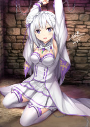 1girl arms_up braid breasts brick_wall chain chained chained_wrists commentary crown_braid dated detached_collar dress dungeon emilia_(re:zero) english_commentary female_focus flower hair_flower hair_ornament highres long_hair looking_at_viewer medium_breasts open_mouth purple_eyes re:zero_kara_hajimeru_isekai_seikatsu seiza sheita signature silver_hair sitting solo thighhighs white_dress white_thighhighs