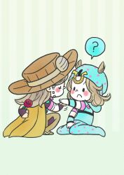2boys :&lt; ? absurdres beanie blonde_hair blue_hat blue_hoodie blue_pants blue_sleeves blush bridal_gauntlets brown_hat cape chibi commentary cowboy_hat flower grey_hat gyro_zeppeli hat highres holding holding_flower hood hood_down hoodie horseshoe horseshoe_hat_ornament johnny_joestar jojo_no_kimyou_na_bouken long_hair m_a_a_m_8 male_focus medium_hair multiple_boys pants pink_sleeves purple_bridal_gauntlets purple_shirt purple_sleeves red_flower red_rose rose shirt sitting spoken_question_mark squatting star_(symbol) star_print steel_ball_run symbol-only_commentary two-tone_sleeves wariza yellow_cape yellow_pants