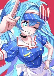 1girl alternate_costume apron arm_up black_choker blue_background blue_eyes blue_hair blue_hat bow breasts buttons choker collarbone commentary diagonal-striped_bow double-breasted dress from_above hair_between_eyes hand_on_own_hip hat hatsune_miku highres impossible_clothes impossible_dress long_hair looking_at_viewer medium_breasts mesmerizer_(vocaloid) one_eye_closed pinstripe_dress pinstripe_hat pinstripe_pattern pwgp6_tomato red_background red_bow salute solo star-shaped_pupils star_(symbol) striped_bow symbol-only_commentary symbol-shaped_pupils twintails two-finger_salute two-tone_bow very_long_hair visor_cap vocaloid waist_apron white_apron white_bow white_wrist_cuffs wrist_cuffs