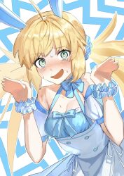 1girl @_@ ahoge artoria_caster_(fate) artoria_pendragon_(fate) blonde_hair blue_bow blue_dress blue_ribbon blush bow breasts cleavage dress embarrassed fate/grand_order fate_(series) green_eyes highres looking_at_viewer open_mouth ribbon small_breasts solo sweat tokoni_fusu twintails wrist_cuffs