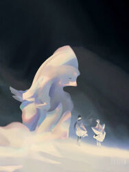 3others black_hair closed_eyes dkaism faceless from_behind full_body limited_palette looking_at_another multiple_others original outstretched_arms painterly robe short_hair simple_background smoke statue upper_body white_hair