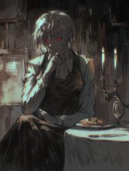 1girl absurdres black_dress candle candlestand chainsaw_man dress earrings fami_(chainsaw_man) fire food fourth_east_high_school_uniform grey_hair grey_shirt highres holding_napkin jewelry pinafore_dress plate red_eyes school_uniform shiej007 shirt sitting sleeveless sleeveless_dress solo table