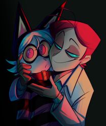 ._. 1boy 1girl absurdres alinics animal_collar animal_ears blue_hair blue_sclera cat_ears collar colored_sclera dark fake_animal_ears hand_on_another&#039;s_face highres lab_coat looking_at_viewer masacrik mimi_(psychocuties) psychocuties red_eyes red_hair short_hair simple_background smile striped_clothes striped_sweater sweater upper_body yellow_sclera