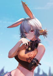 1girl :3 absurdres alucard_pie animal_ears arm_belt bare_shoulders black_gloves blue_sky breasts cleavage closed_mouth commentary_request ear_piercing elbow_gloves fish_skeleton gloves grey_hair hair_between_eyes hand_on_arm highres holding_own_arm jewelry looking_at_viewer medium_breasts medium_hair multiple_rings orange_shirt original outdoors piercing rabbit_ears rabbit_girl red_eyes ring see-through_cleavage see-through_clothes shirt single_elbow_glove single_glove sky sleeveless sleeveless_shirt solo stomach upper_body