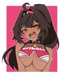 1girl bay_(nikke) blush border breasts brown_eyes brown_hair cheerleader cremanata dark-skinned_female dark_skin goddess_of_victory:_nikke highres large_breasts long_hair looking_at_viewer open_mouth outside_border pink_background ponytail simple_background solo star_on_cheek sweat teeth underboob upper_body white_border