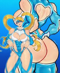 Rule 34 | 1girl, abs, ass, blonde hair, blue eyes, breasts, cleavage, highres, huge ass, large breasts, long hair, looking at viewer, muscular, muscular female, nebaart, rainbow mika, smile, street fighter, thick thighs, thighs, tongue, tongue out, twintails