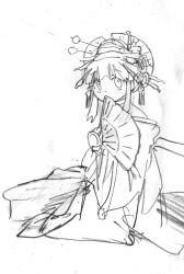 Rule 34 | 1girl, absurdres, alternate costume, alternate hairstyle, artist name, covering own mouth, fingerless gloves, geisha, gloves, hand fan, highres, japanese clothes, legs, long hair, looking at viewer, monochrome, nakoruru, samurai spirits, sitting, sketch, snk, solo, the king of fighters, thighs, traditional media