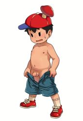 1boy artist_request baseball_cap blush flaccid hat highres male male_focus mother_(series) mother_2 mushroom ness_(mother_2) nintendo penis shirtless shoes shota small_penis solo testicles undressing
