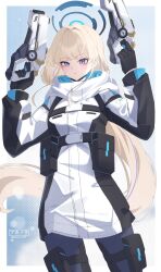 Rule 34 | 1girl, akanora, alternate costume, artist name, belt pouch, black coat, black gloves, blonde hair, blue archive, blue background, blue eyes, blue halo, blue pants, border, closed mouth, coat, commentary, cowboy shot, dual wielding, expressionless, gloves, gun, halo, handgun, hands up, highres, holding, holding gun, holding weapon, hood, hood down, hooded coat, long hair, long sleeves, looking at viewer, multicolored coat, pants, polka dot, polka dot background, pouch, solo, thigh pouch, toki (blue archive), twitter username, very long hair, weapon, white border, white coat, winter clothes